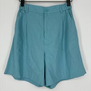 Open Edit High Waisted Linen Blend Womens Teal Pleated Ecuba Shorts Pockets XS
